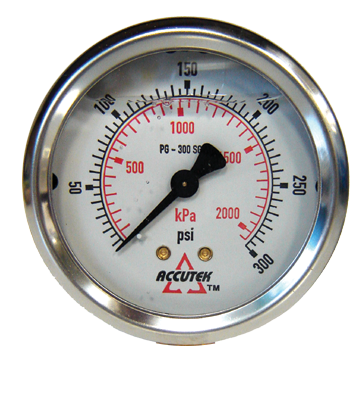 0-300 PSI  - 2-1/2" Liquid Filled - Stainless Case - Brass Center Back Mount - Pressure Gauge  PG-300CG25