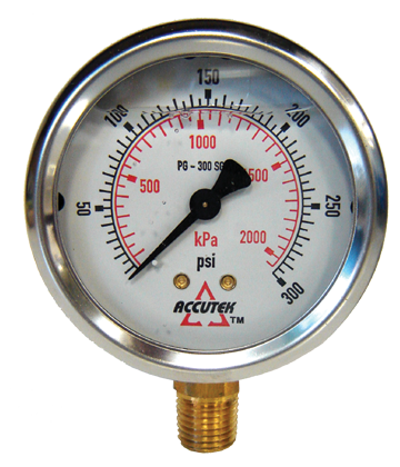 0-300 PSI  - 2-1/2" Liquid Filled - Stainless Case - Brass Stem Mount - Pressure Gauge  PG-300SG25