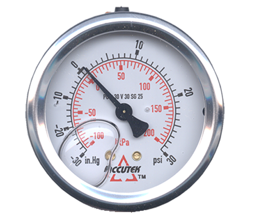 30-0-30 VAC/PSI  - 2" Liquid Filled  - Stainless Case - Brass Center Back Mount - Vacuum/Pressure Gauge  PG-30V30CG25