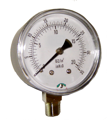 0-35 Water Column  - 2-1/2" Dry - Steel Case - Brass Stem Mount - Pressure Gauge  PG-35WCSD-2.5
