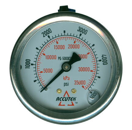 0-5000 PSI  - 2-1/2" Liquid Filled - Stainless Case - Brass Center Back Mount - Pressure Gauge  PG-5000CG25
