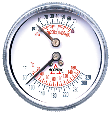 0-75 PSI  - 2-1/2" Dry - Steel Case - Brass Center Back Mount - Temperature & PSI Tridicator  PG-75/320TR25-1.6