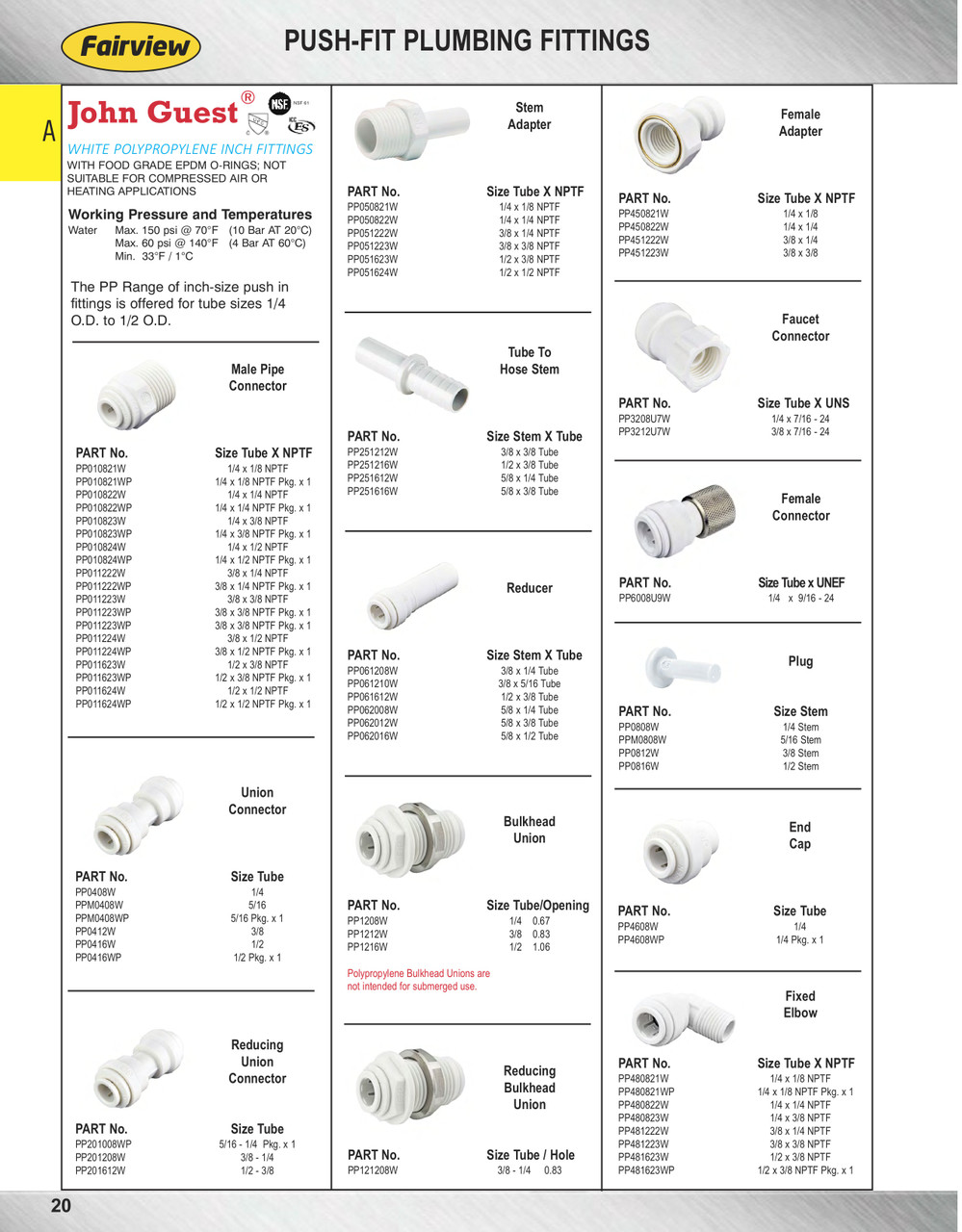 1/2" JG® White Polypropylene Push-To-Connect Bulkhead Union  PP1216W