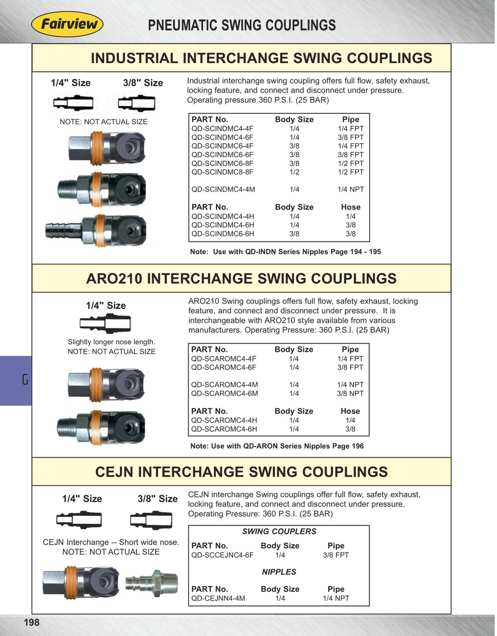 1/4 x 3/8" Aro 210 Pneumatic Q/D Swing Coupler - Male NPT  QD-SCAROMC4-6M