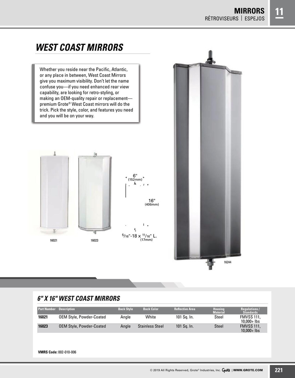6 x 16" OEM Style West Coast Box Mirror - Stainless Steel  16023