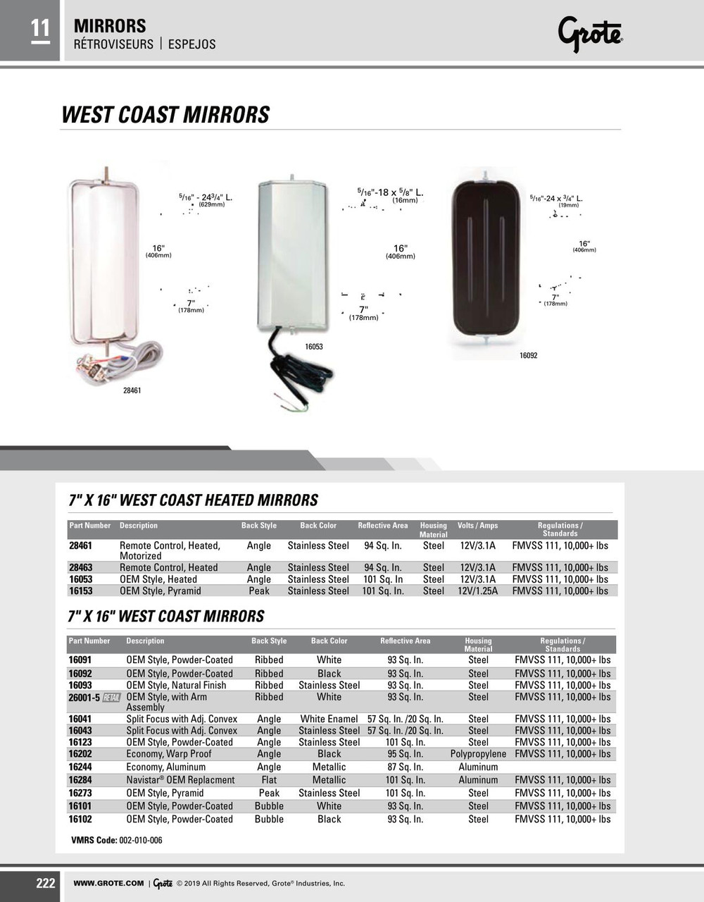 7 x 16" Remote-Control Heated West Coast Mirror Motorized - Stainless Steel  28461