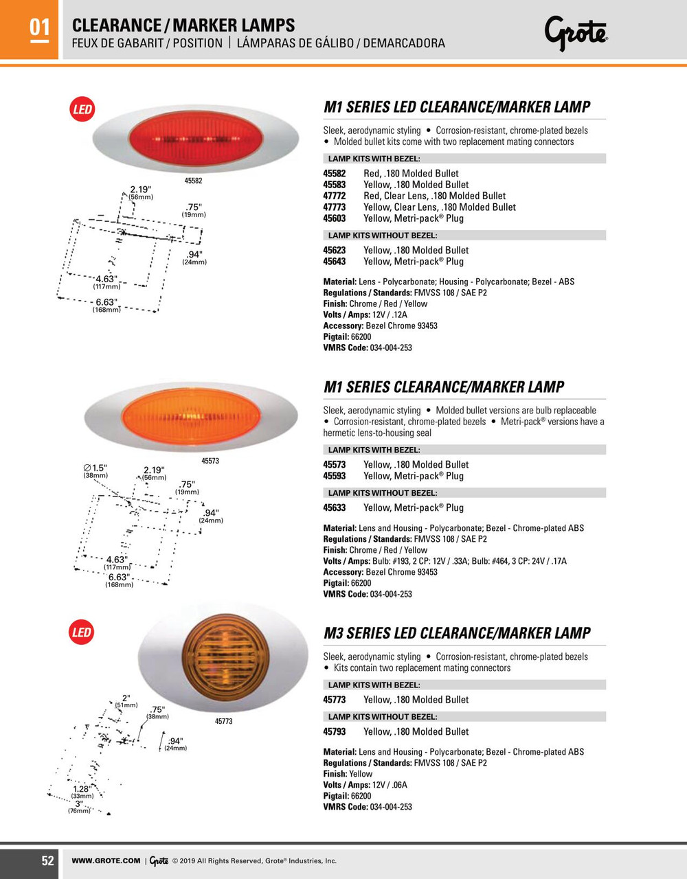 M1 Series Clearance/Marker Lamp & Bezel w/.180" Bullet Connector - Amber  45573