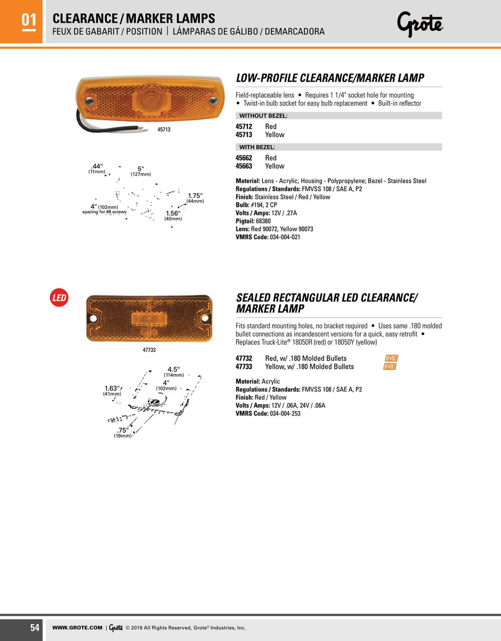 Low-Profile Clearance/Marker Lamp w/Built-in Reflector - Amber  45713