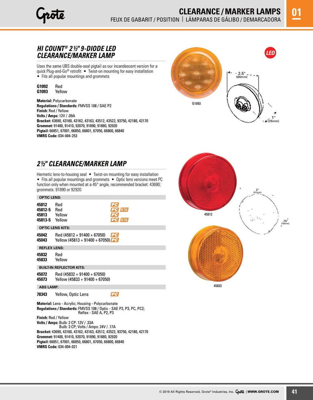 2-1/2" Round Clearance/Marker Lamp w/Built-in Reflector - Amber  45833
