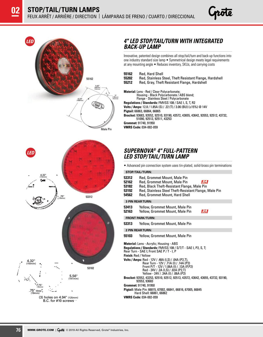 4" SuperNova® Grommet Mount Full-Pattern LED Rear Turn Lamp w/Male Pin - Amber  52163