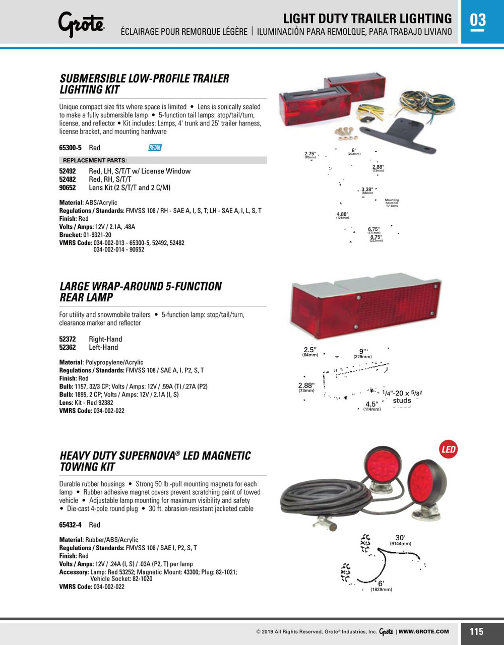 Submersible Low-Profile Trailer Lighting Kit Left Hand Stop/Tail/Turn & License Window - Red  52492