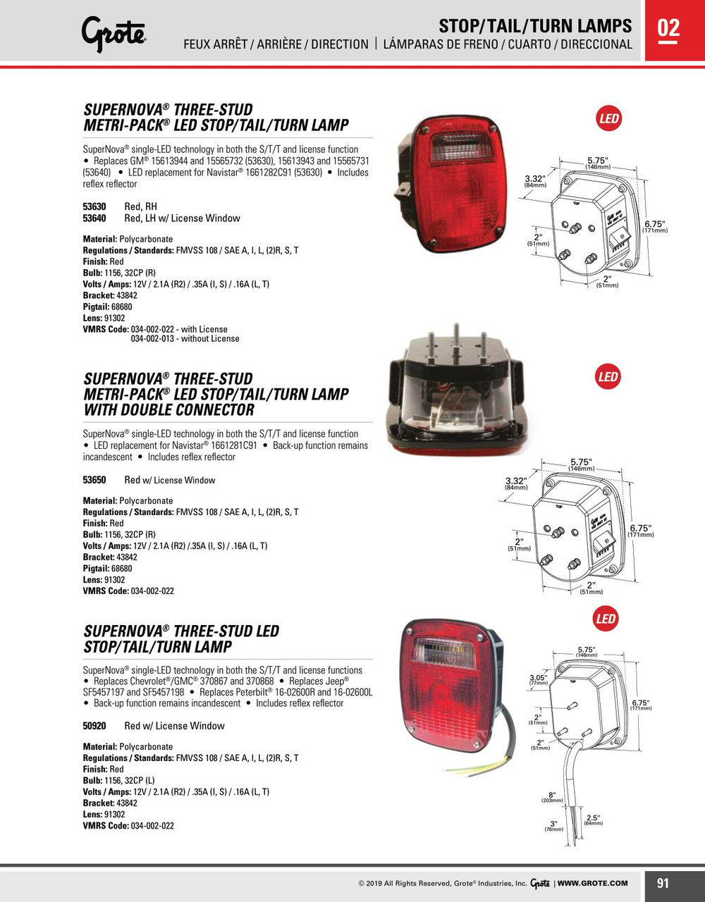 SuperNova® Right Hand Three-Stud LED Stop/Tail/Turn Lamp w/Metri-Pack® Connector - Red/Clear  53630