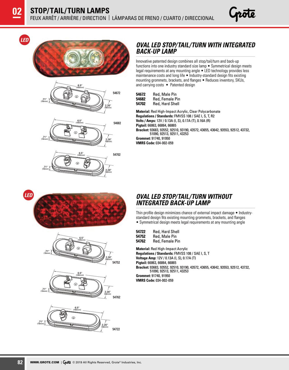 6" Oval LED Stop/Tail/Turn Lamp w/Female Pin 12V - Red  54762