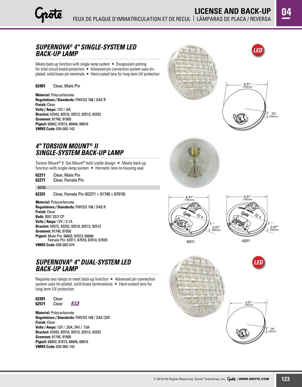 4" SuperNova® Single-System LED Backup Lamp w/Male Pin - Clear  62401