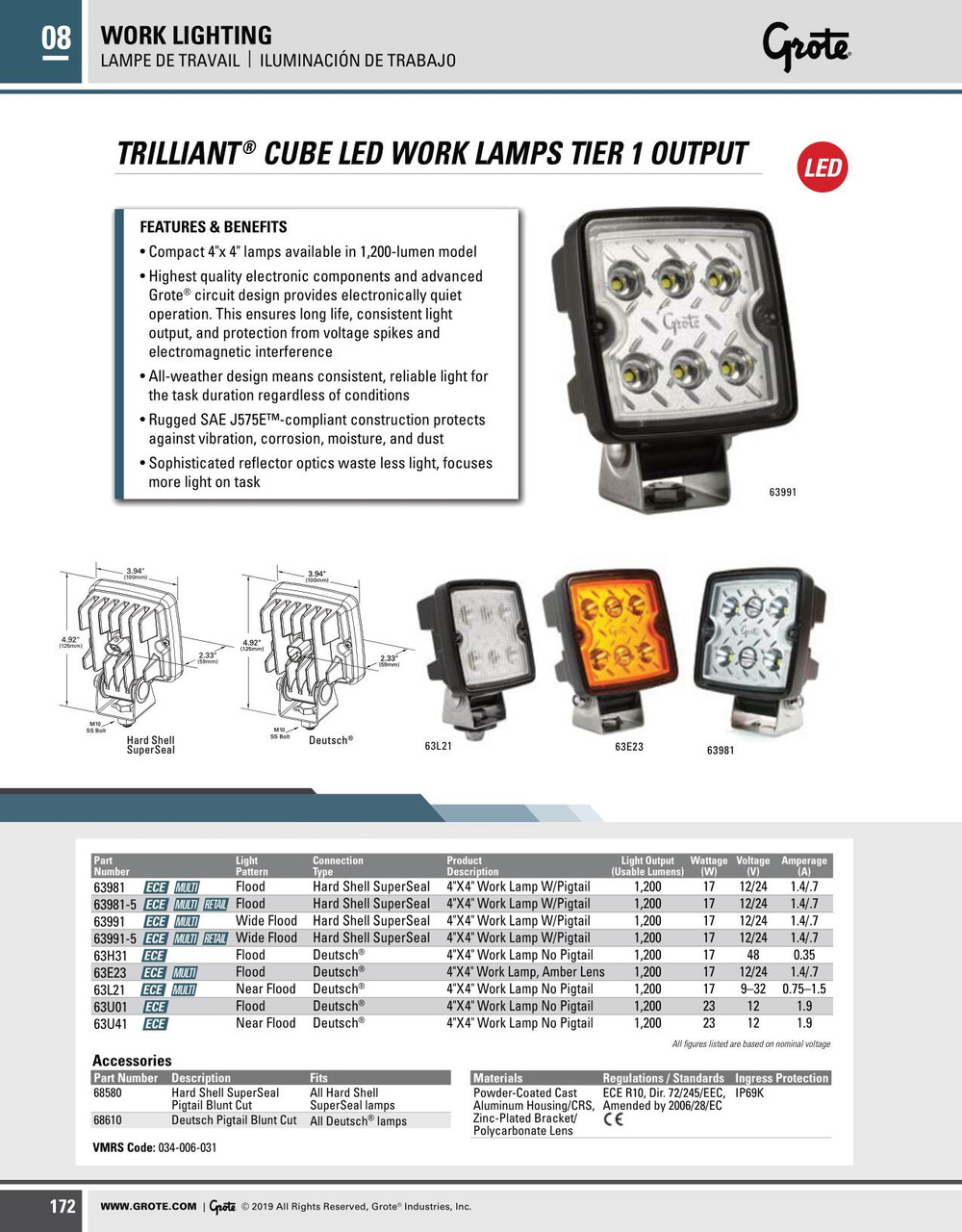 Trilliant® Cube LED Work Lamp - Flood Beam w/Deutsch Connector 12-24V - Amber  63E23
