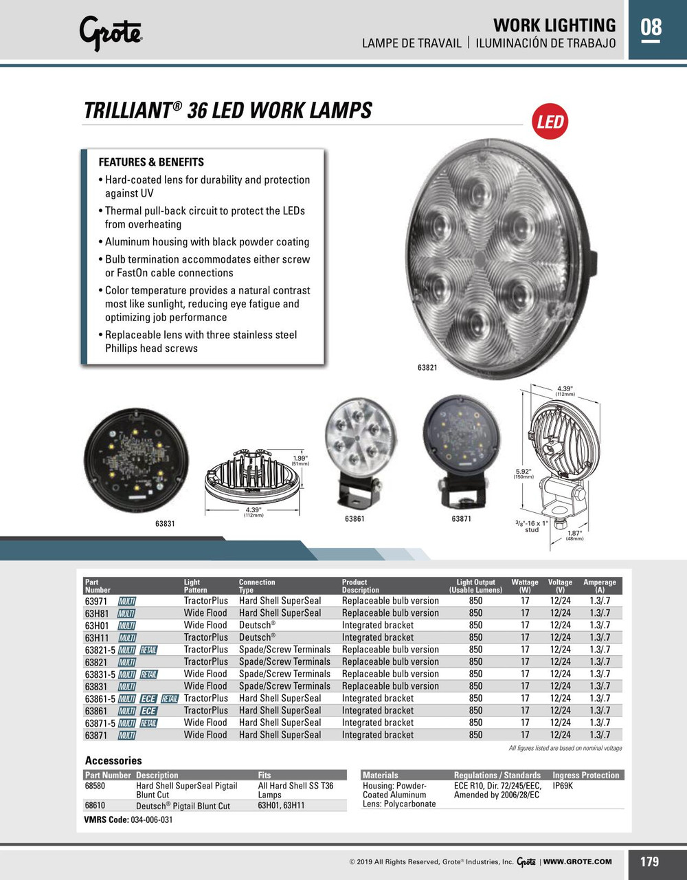 Trilliant® 36 LED Work Lamp - Wide Flood Beam w/SuperSeal® Hard Shell Connector Superseal Connection w/Pigtail 12-24V - Clear  63H81