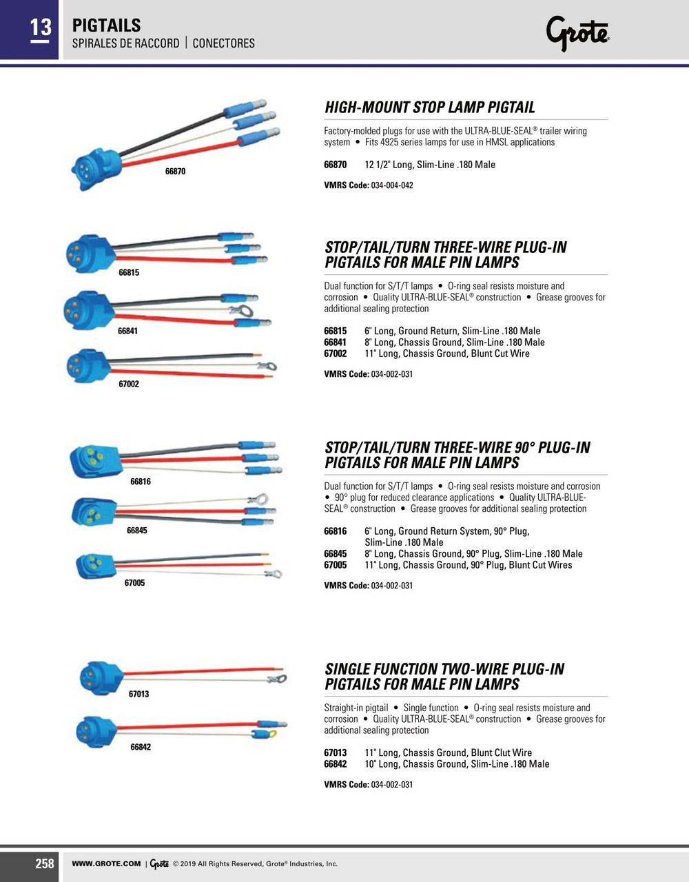 6" Stop/Tail/Turn Three-Wire 90° Female Pin Pigtail w/.180" Bullet Connectors  66816