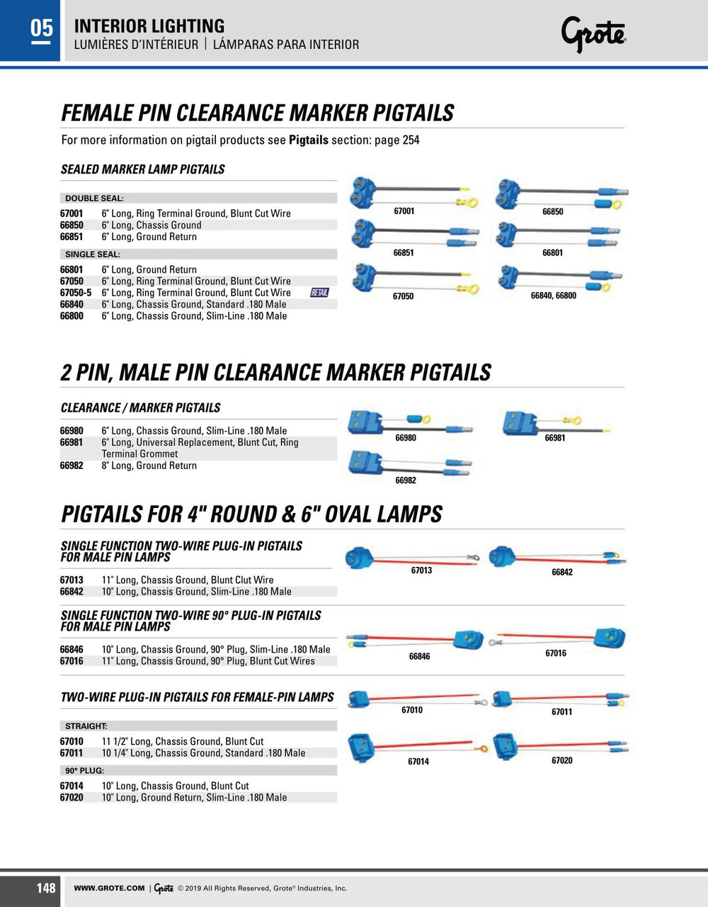 6" Marker Lamp Two-Wire Male Pin Pigtail w/Blunt Cut Wire & Ring Terminal Wire  67050