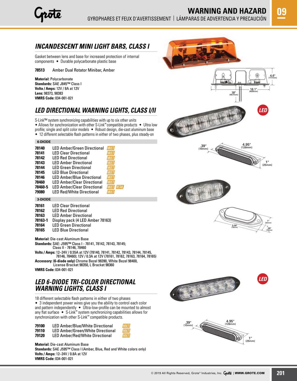 Tri-Color LED Directional Warning Lamp 12-24V - Amber/Red/Clear  79120