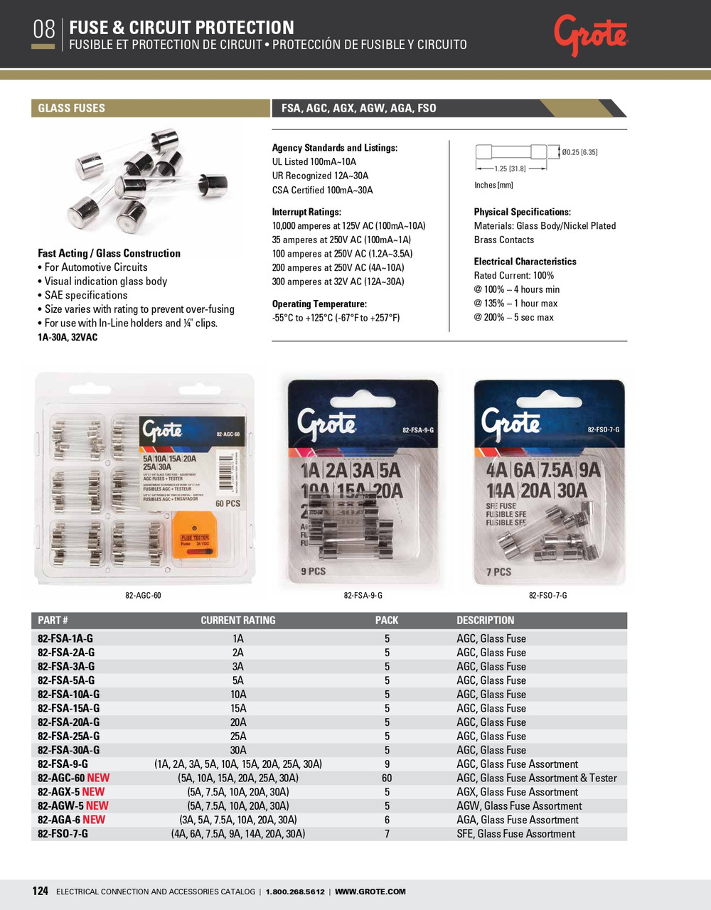 1A AGC Glass Fuse 32V @ 5 Pack  82-FSA-1A-G