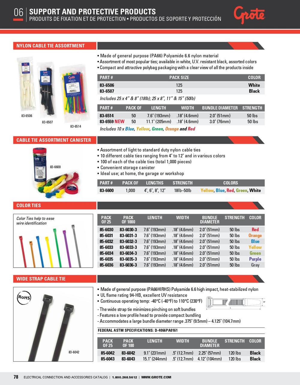 Nylon Cable Tie Assortment 50 lb 7.60" @ 50 Pack - Blue/Green/Orange/Red/Yellow  83-6514