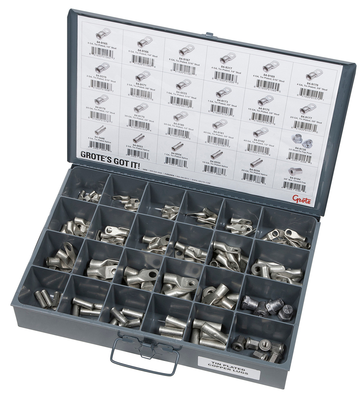 8 - 4/0 AWG Tin Plated Copper Lug Assortment Tray @ 145 Pack - Gray  83-6654