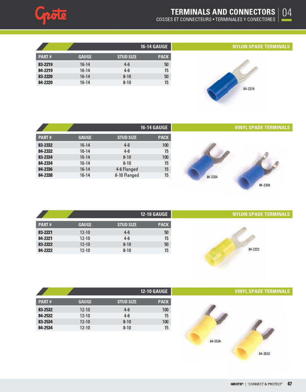 12 - 10 AWG Nylon Spade Terminals #4 - #6 @ 15 Pack - Yellow  84-2221