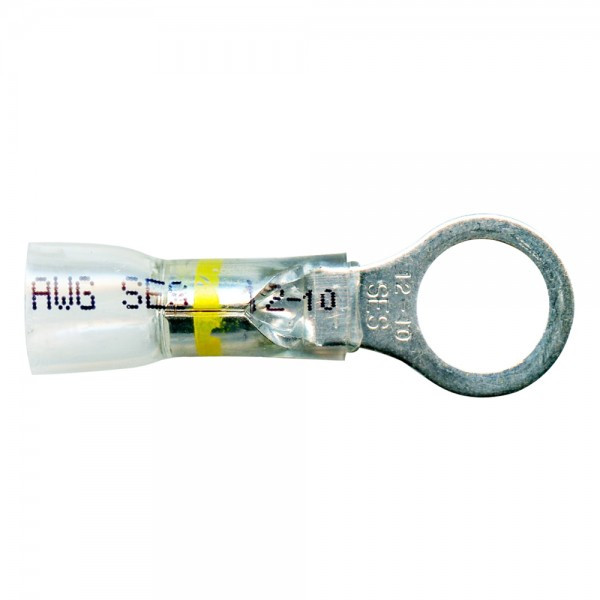 12 - 10 AWG Heat Shrinkable Ring Terminals 3/8" @ 15 Pack - Clear w/Yellow Stripe  84-4513