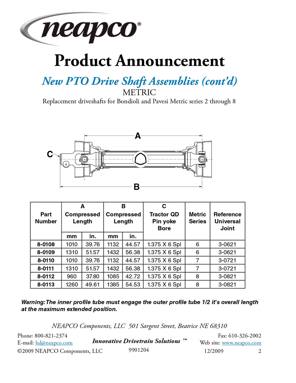 1.375" 6 Spline - Bondioli® 6 Series Drive Shaft Assembly  8-0108