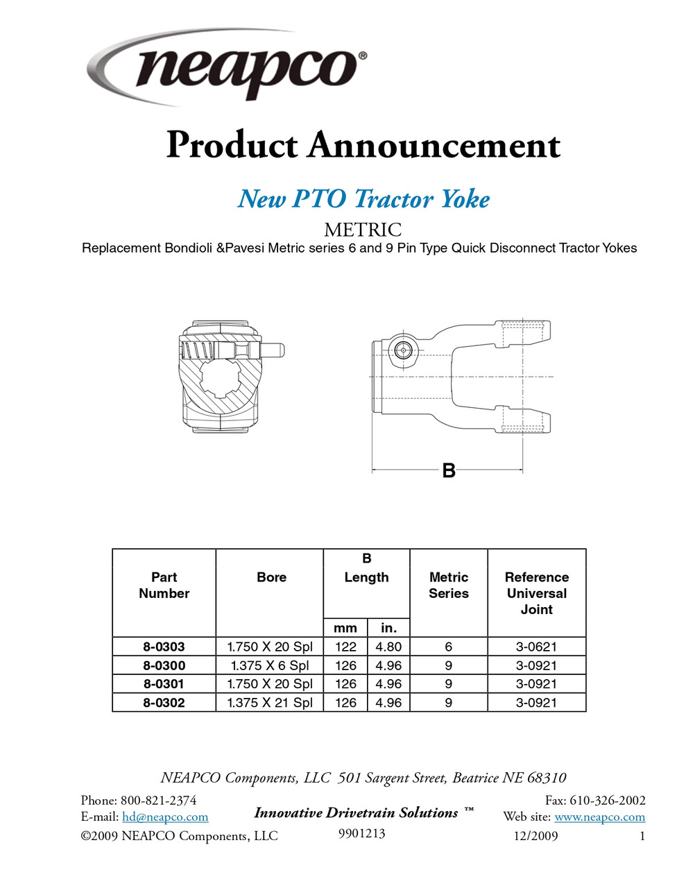 1-3/4" 20 Spline - Bondioli® 6/Walterscheid® W220 Series Push-Pin Quick Disconnect Yoke  8-0303