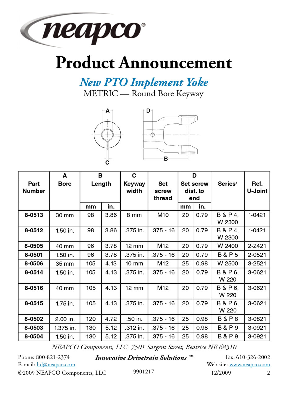 1-1/2" Round - Bondioli® 9 Series End Yoke w/Single Keyway  8-0504