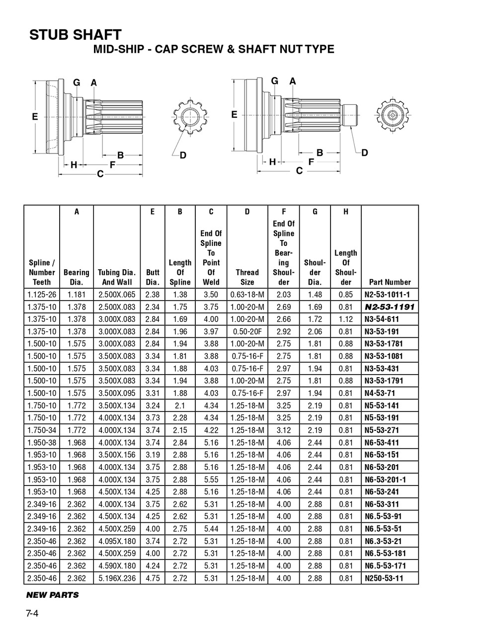 1.953" 10 Spline - 4.00" x .134" Round - Midship Stub Shaft w/Nut  N6-53-201