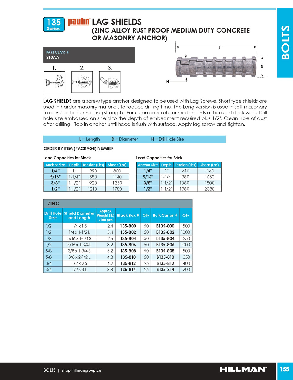 3/8" x 1-3/4" Zinc Alloy Lag Shield 50 Pc.   135-808