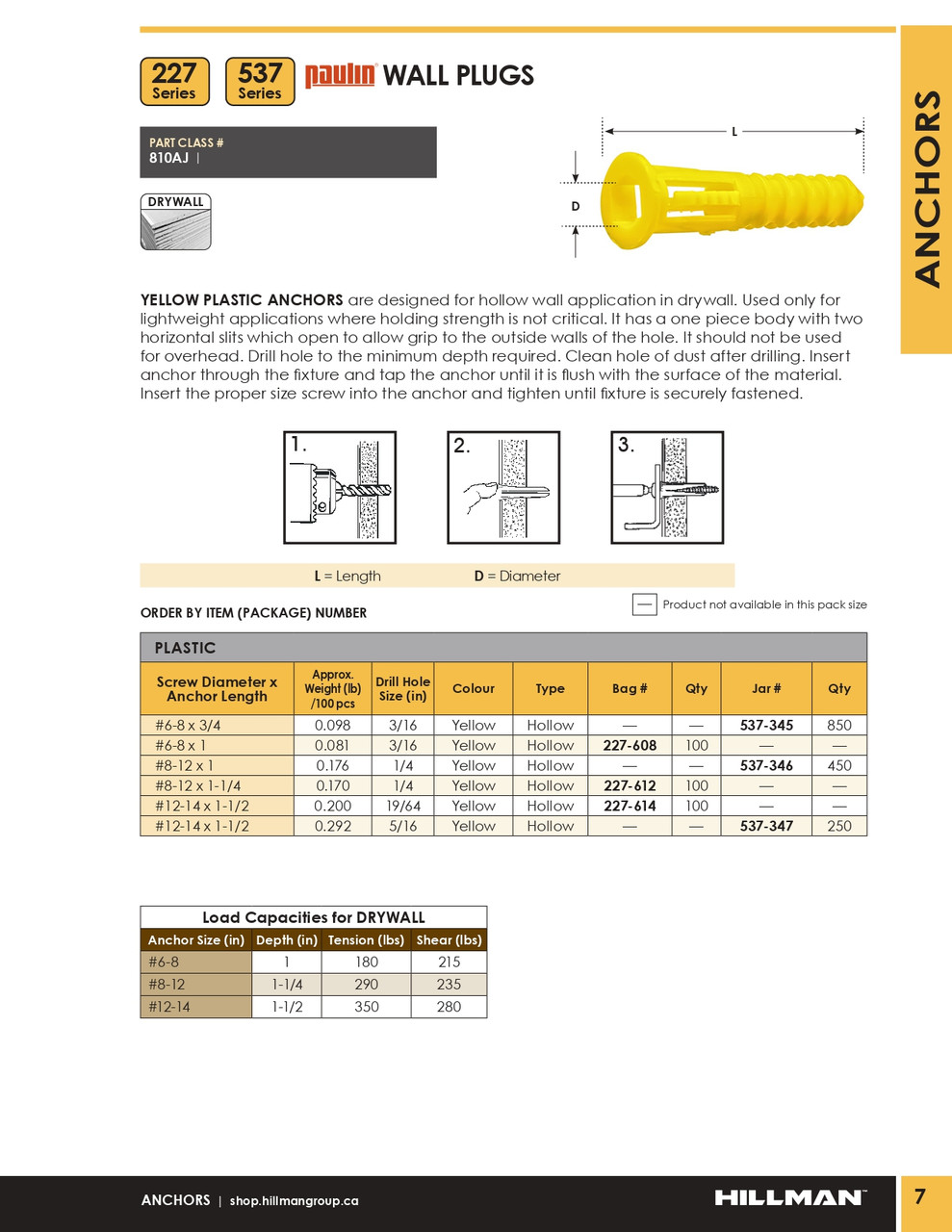 #12-14 x 1-1/2" Yellow Plastic Wall Plug Anchor 250 Pc.   537-347