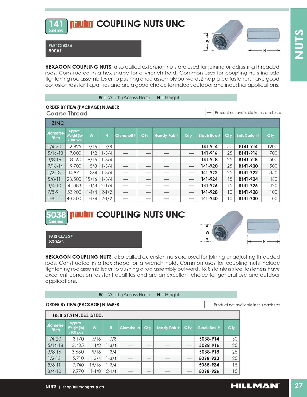 1/2"-13 UNC Zinc Plated Coupling Nut 350 Pc.   B141-922
