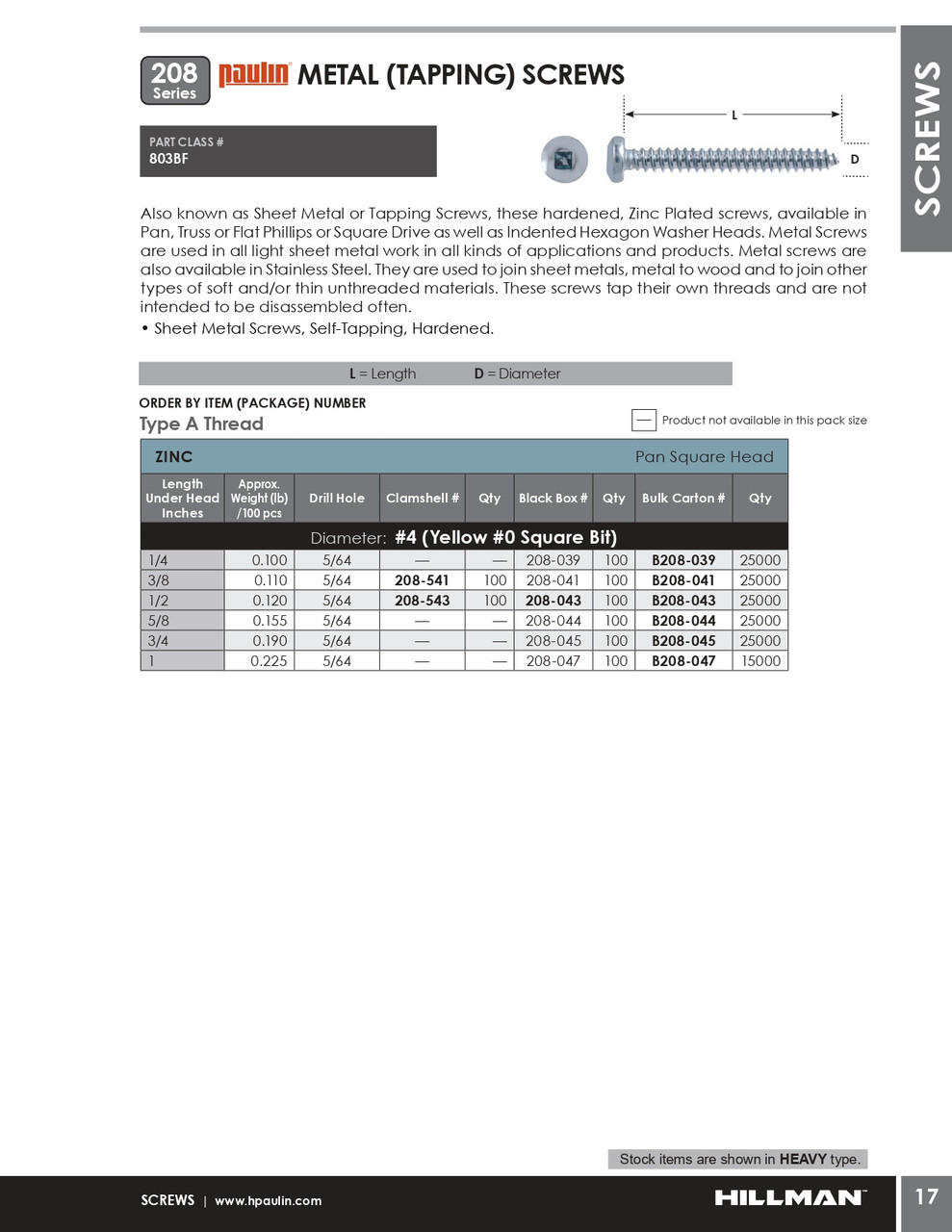 #4 x 3/4" Pan Head Steel Tapping Screw 25000 Pc.   B208-045