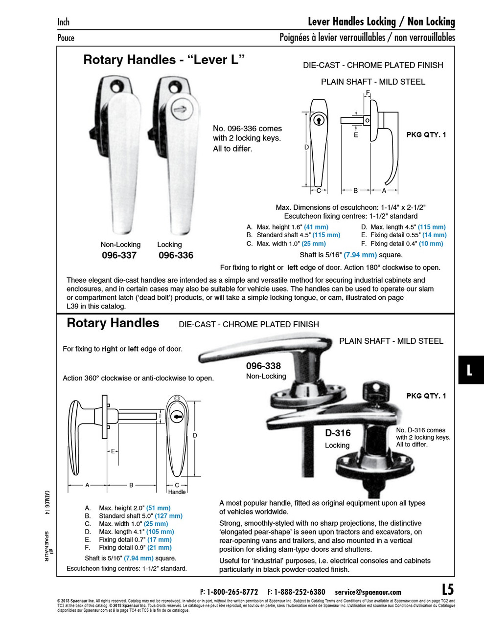 Lever 'L' Handle Locking 180 Degree Rotationkeyed To Differ 5/16" X 4 1/2" Shank 1 1/2" Hole Centres Die-Cast Chrome Plated   096-336