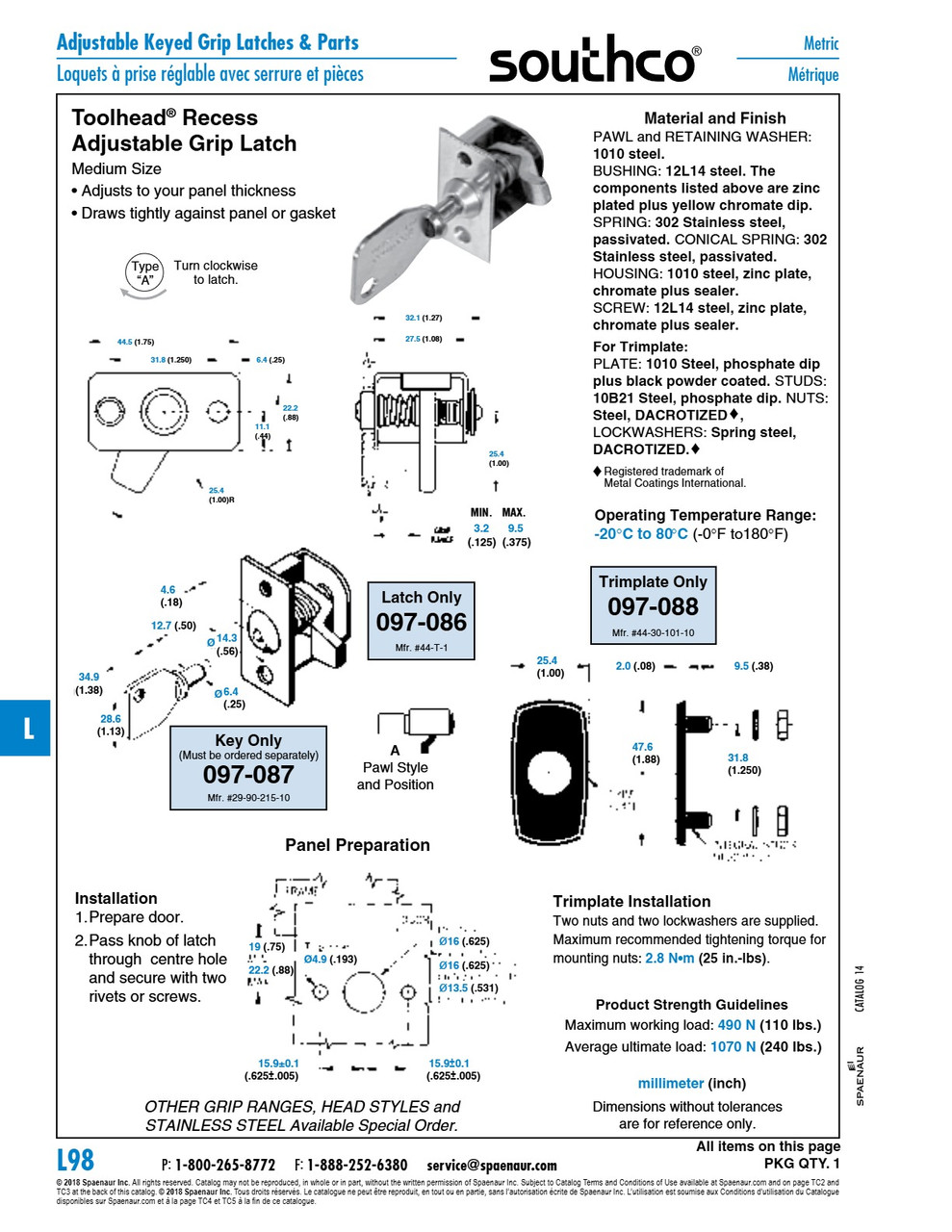 Adjustable Grip Latch No. 5 Toolhead Recess Grip Range 3.2 (.125") Min - 9.5 (.375") Max Steel Zinc W/ Chromate Seal   097-086