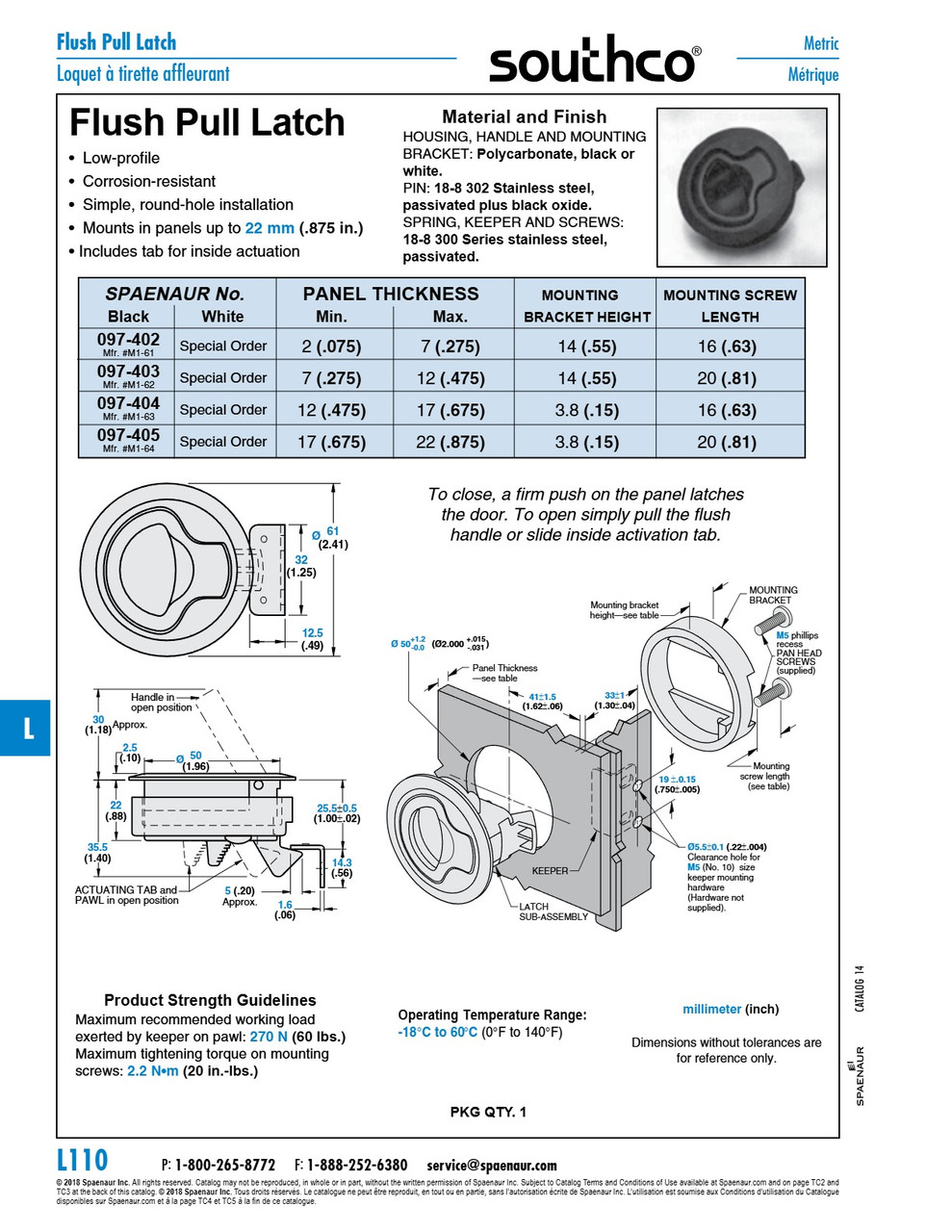 "Flush-Pull" Latch .075"-.275" Panel Thickness White   097-258