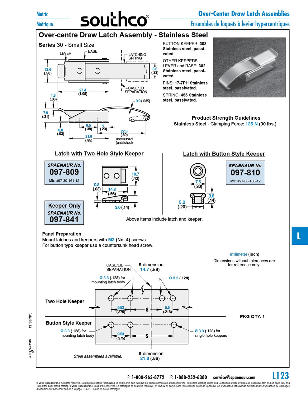 Series 30 Over Center Draw Latch With Two Hole Keeper .48" X 1.08" Base 302 Stainless Steel Passivated   097-809
