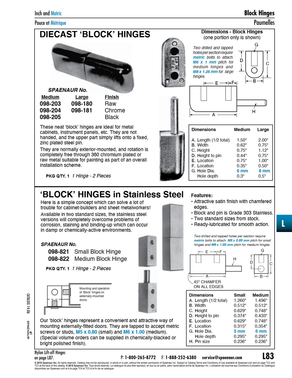 Block' Hinge For Offset Doors Large Size (100Mm Total Length) Holes Tapped M8 X 13Mm (2 Halves Bottom Half W/Fixed Pin) Zinc Diecast Chrome Finish   098-181