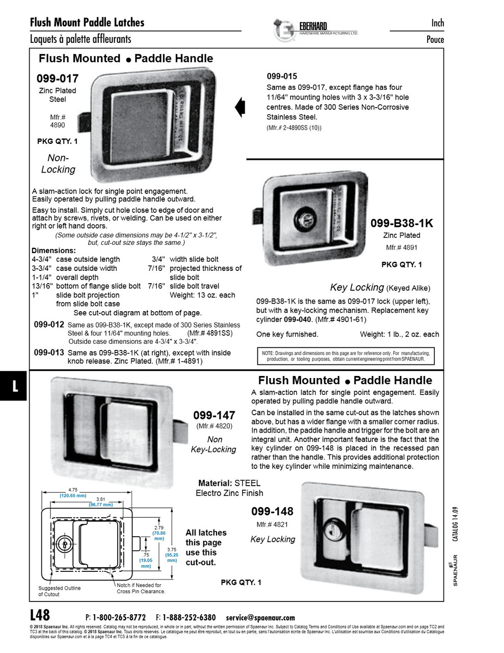 Paddle Handle Recessed Door Lock Locking With Inside Knob Release Steel Zinc Plated   099-013