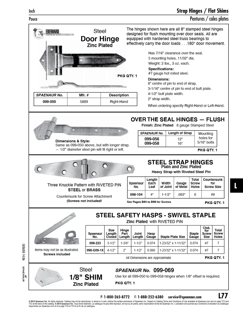 Door Hinge For Flush Mounting 8" Center Of Pin To End Of Strap Stamped Steel Zinc Plated   099-050