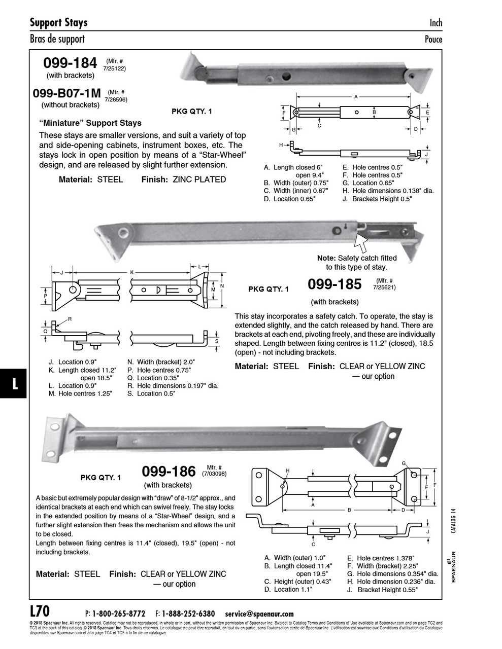 Support Stay W/Fixing Brackets & Safety Latch 18.3" Open Lgth Steel Zinc Plated   099-185