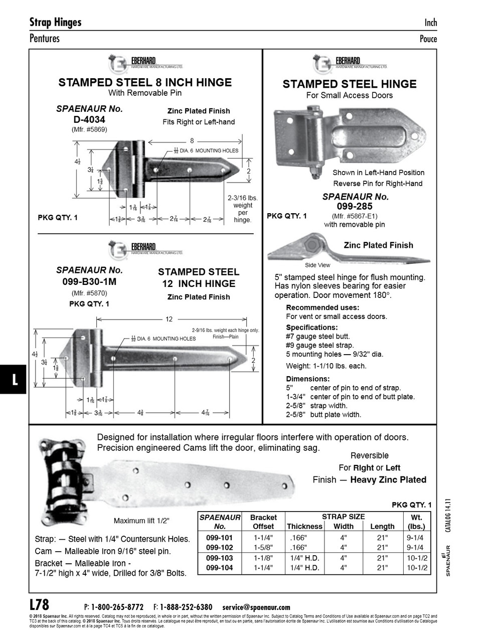 Hinge W/ Removable Pin 5" Center Of Pin To End Of Strap 2-5/8" Width Stamped Steel Zinc Plated   099-285