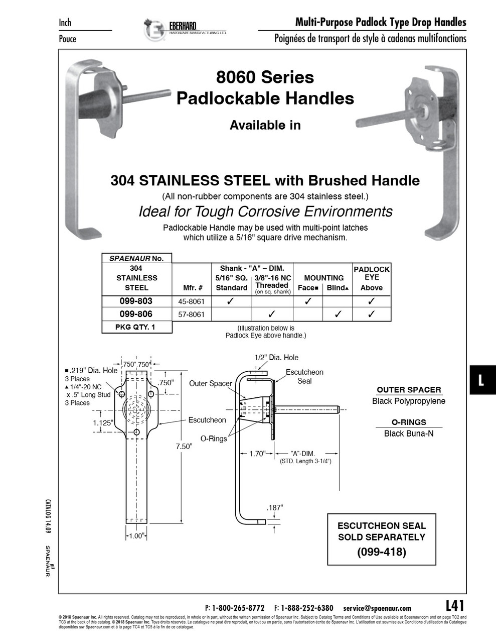 Handle W/Padlock Eye Above (Face Mounting) 7 1/2" O/A L X 5/16" Square Shank 304 Stainless Steel Brushed Seal Not Included (099-418)   099-803