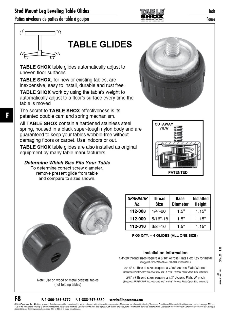 "Table Shox" Table Glide 5/16"-18 Unc X .300-.350" Stud Lgth 6-100Lb Wt Load Per Glide Nylon Body Steel Stud Zinc Pltd   112-009