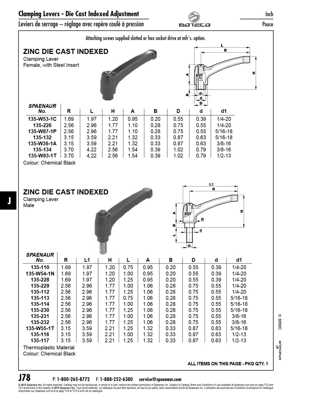 Indexed Clamping Lever Female Thrd 3.59" Length 5/16"-18 Thread 2.21" Overall Height Zinc Diecast Black   135-132
