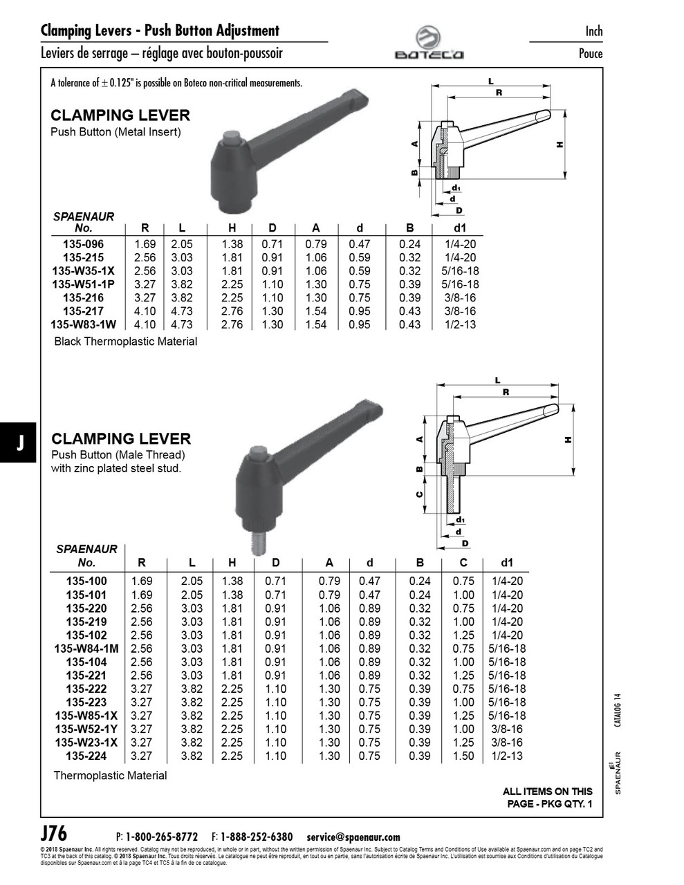 Push Button Clamping Lever Male 3.82" Length 3/8"-16 X 1" Stud 2.25" Overall Height Thermoplastic Material Black   135-W52-1Y