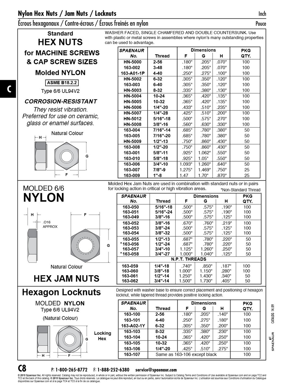 Hexagon Jam Nut 1/2"-24 Unef (.687" A/F X .220" Th) Nylon 6/6 Natural   163-056